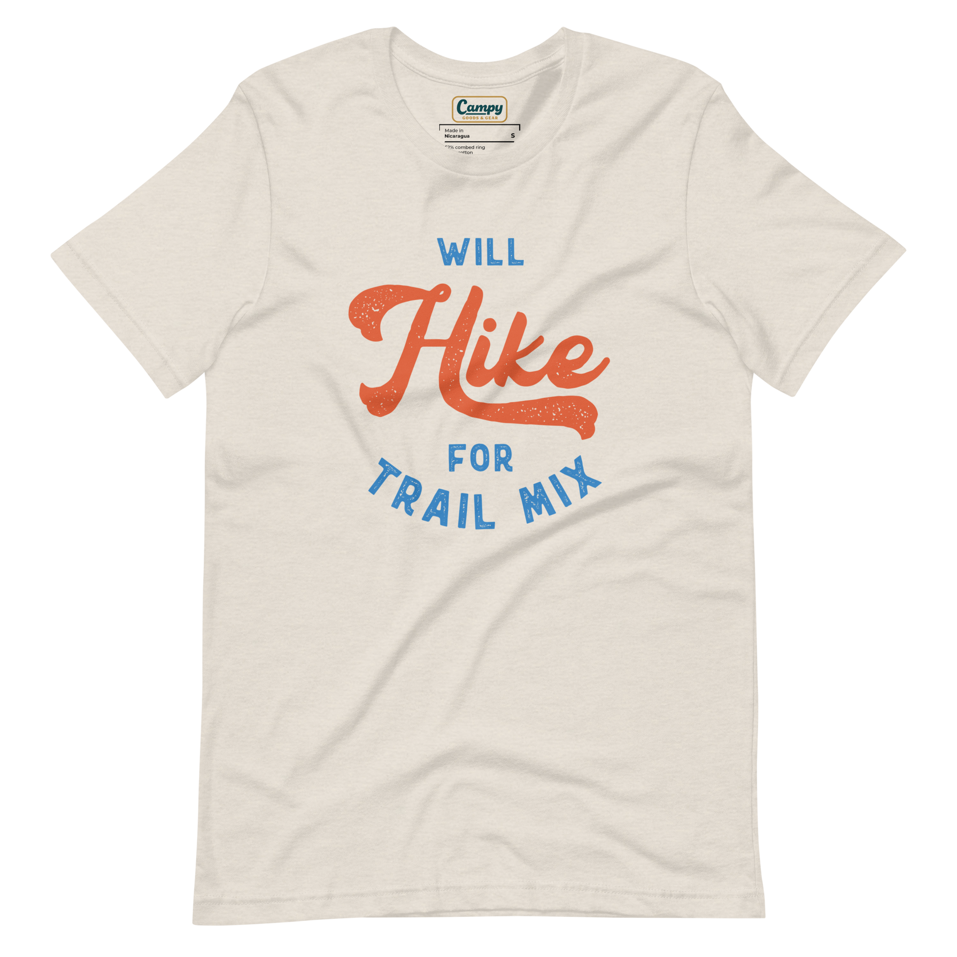 Will Hike for Trail Mix Adult Tee - Campy Goods and Gear