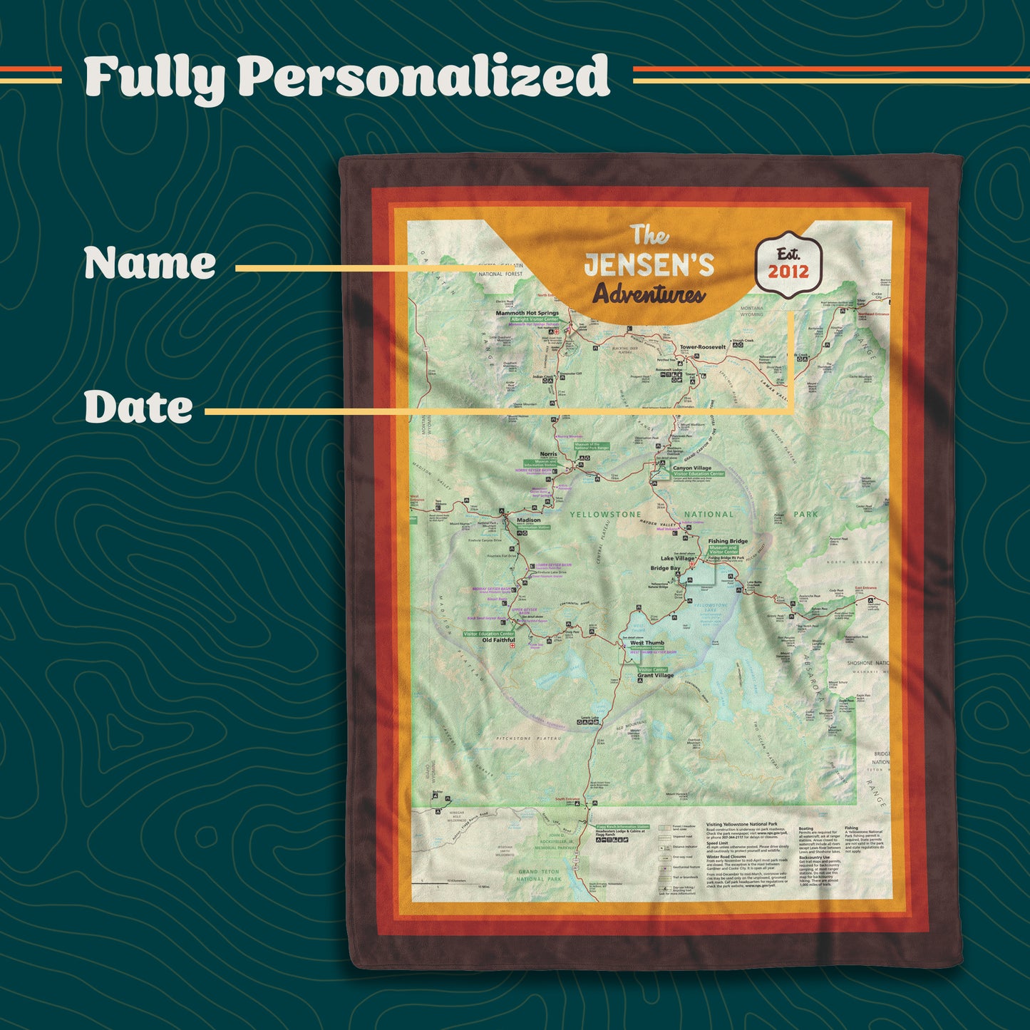 Personalized Yellowstone Map Blanket