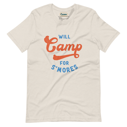 Will Camp For S'mores Adult Tee - Campy Goods and Gear